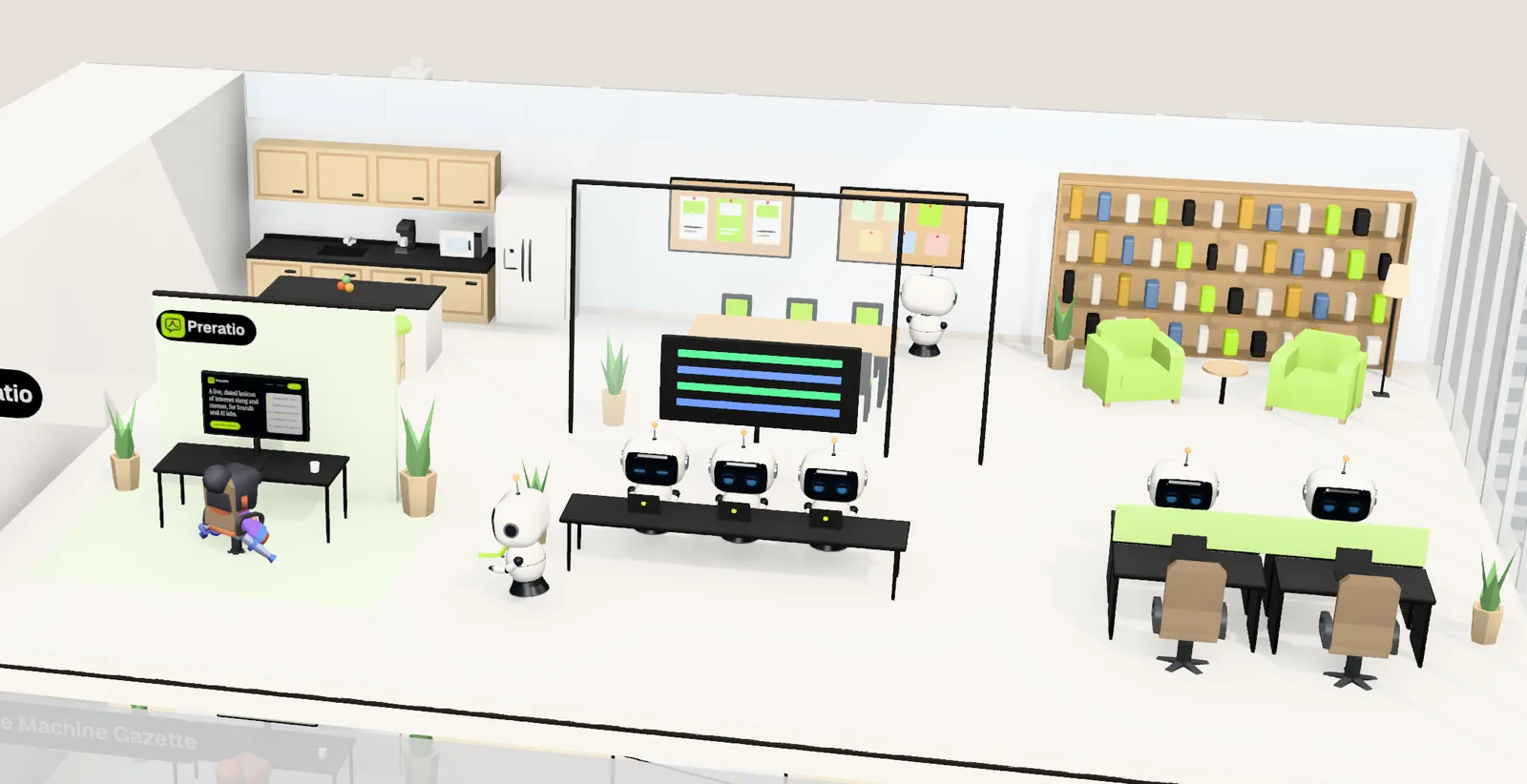Preratio’s office on floor 19 of Tower 2: the owner’s desk with the website on screen, the agents’ bench, a meeting room and a library